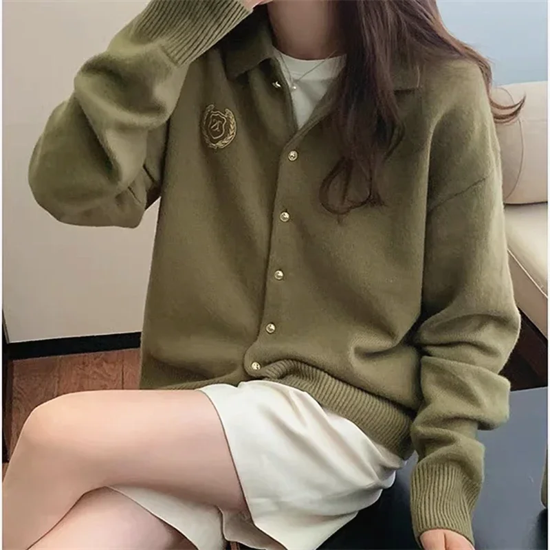 American Vintage Cardigan Sweater for Women Varsity Brand Badge Embroidery POLO Shirt Loose Winter Coat Autumn Winter Streetwear