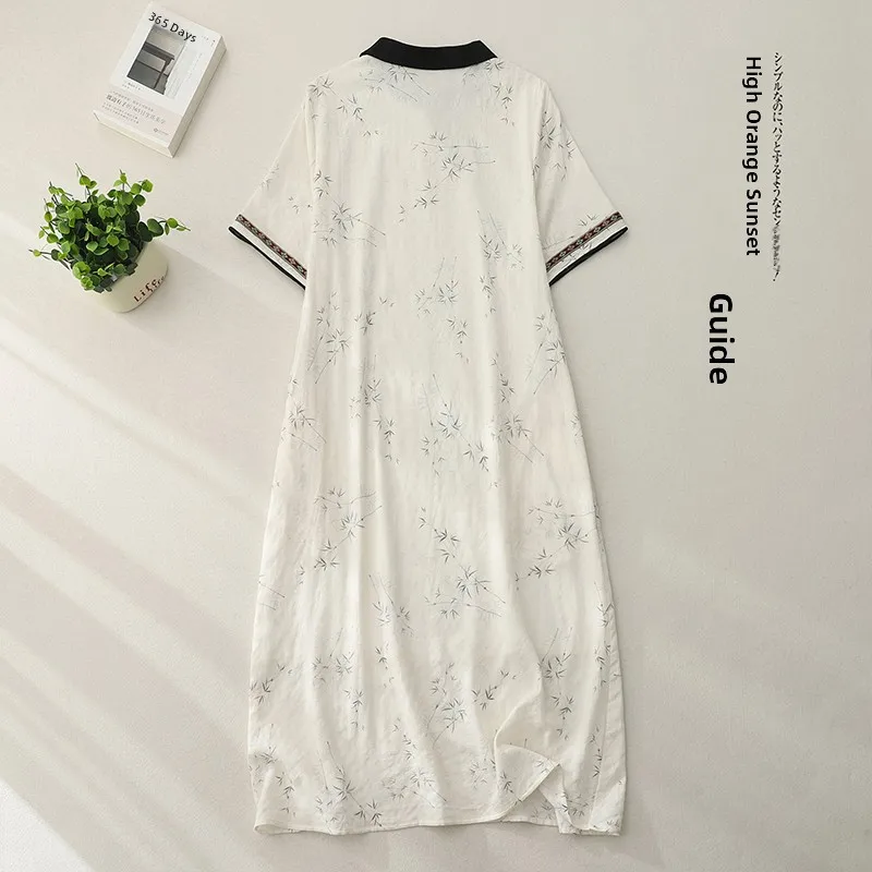 جديد الصينية Sle فضفاضة تناسب الرجعية طباعة تشيباو الدكتور المرأة الركبة طول نسخة معدلة مزيج القطن الصيف الدكتور