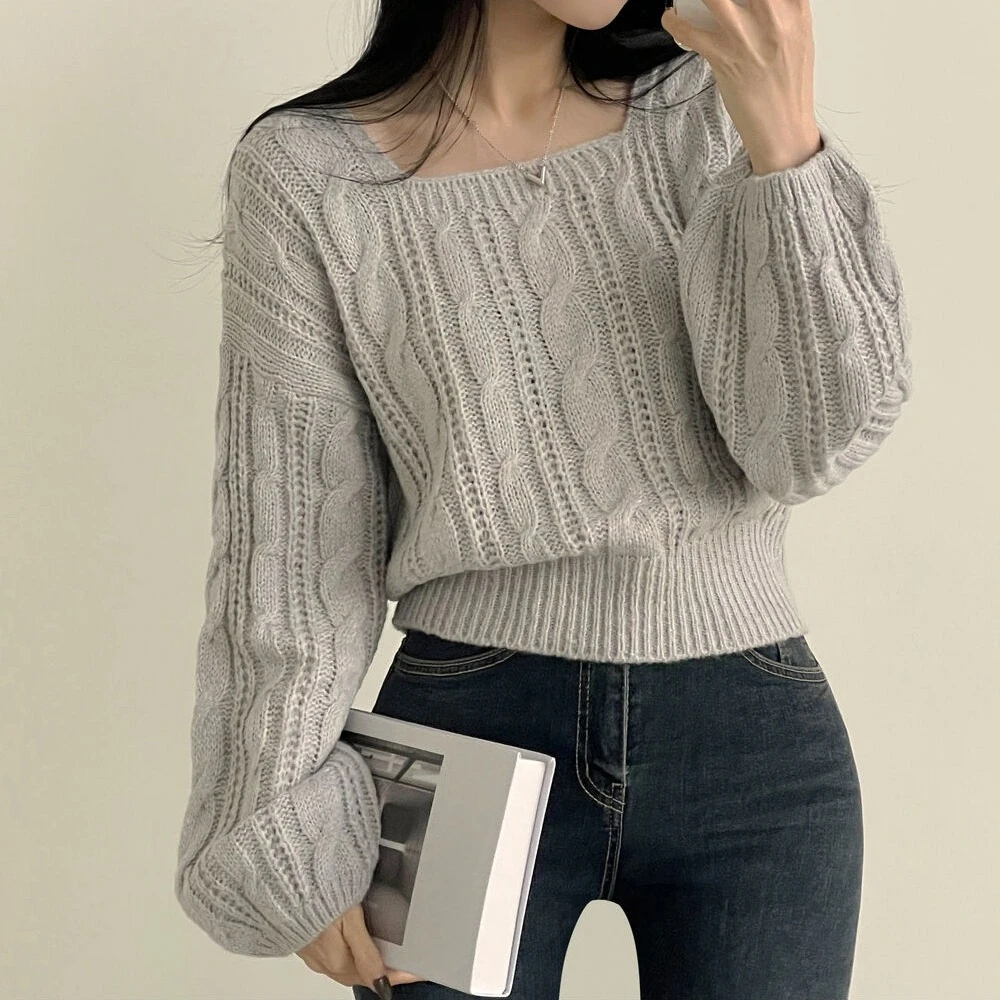 

REALEFT осень-зима женский пуловер с квадратным воротником, свитера с рукавами-фонариками, повседневный свободный корейский вязаный свитер, женский, новинка 2023 г.