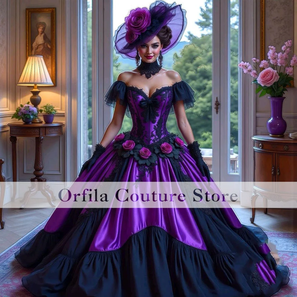 

Customized Black Purple Prom Dress Off Shoulder Pleated Skirt Medieval Evening Gown Flower Vampire Gothic Party Gowns Customized