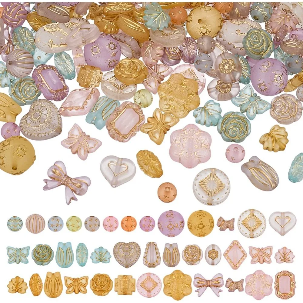 80G 156 Pcs Baroque Lampwork Assorted Beads Assorted Bohemia Aesthetic Beads Heart Flower Round Oval Czech Bead