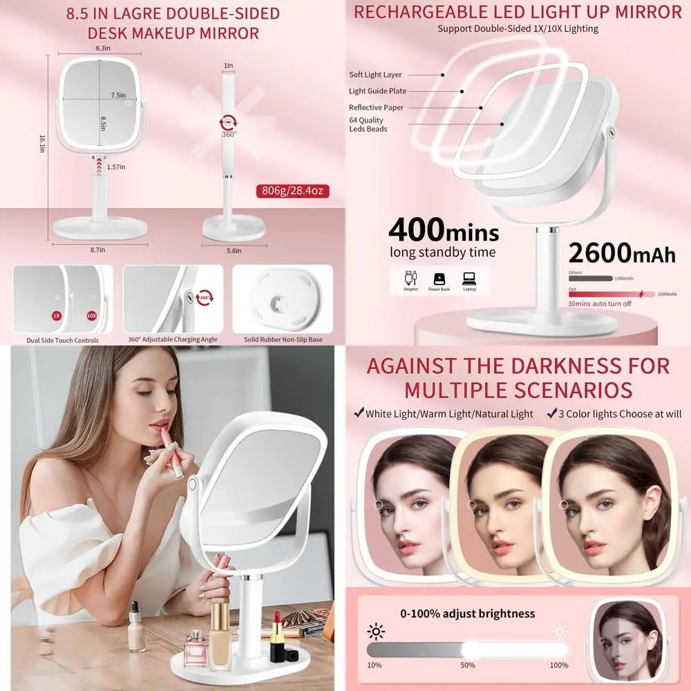 Illuminated Makeup Mirror, 2600mAh Battery, 10x Magnification, Adjustable 8.5 Vanity Mirror with 3 Light Colors, 360° Swivel, Id