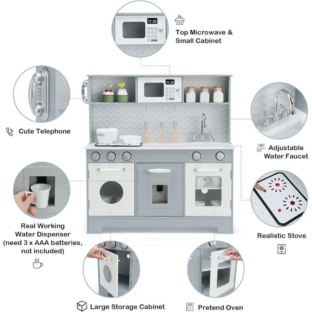 Kids Kitchen Playset, Wooden Pretend Cooking Playset w/Stove, Fridge, Microwave, Removable Sink, Water Dispenser w/Light Sound