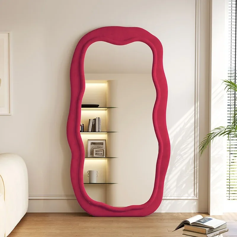 Red retro wavy full body mirror simple floor special-shaped full-length living room bedroom dopamine art mirror