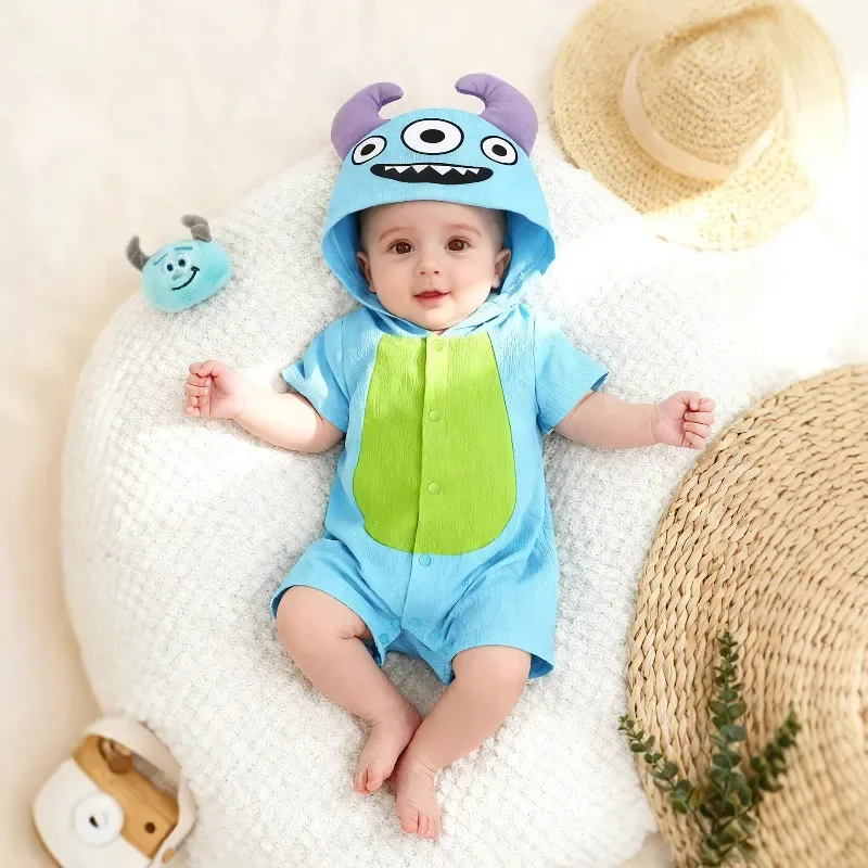 男の子用ベビー服、新生児用、青いモンスター柄のロンパース、半袖、フード付きボディスーツ、コスチューム、つなぎ服、ベビーウェア。