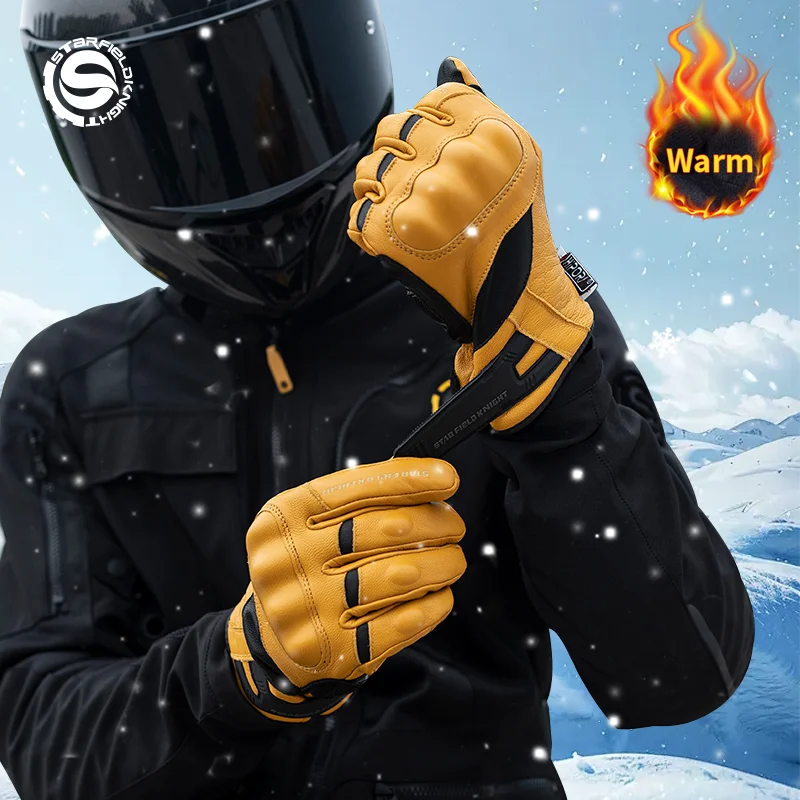 SFK Motorcycle Gloves Winter Warm Waterproof Real Goat Leather Non-slip Wear-resistant Riding Knuckle Protection Touch Screen