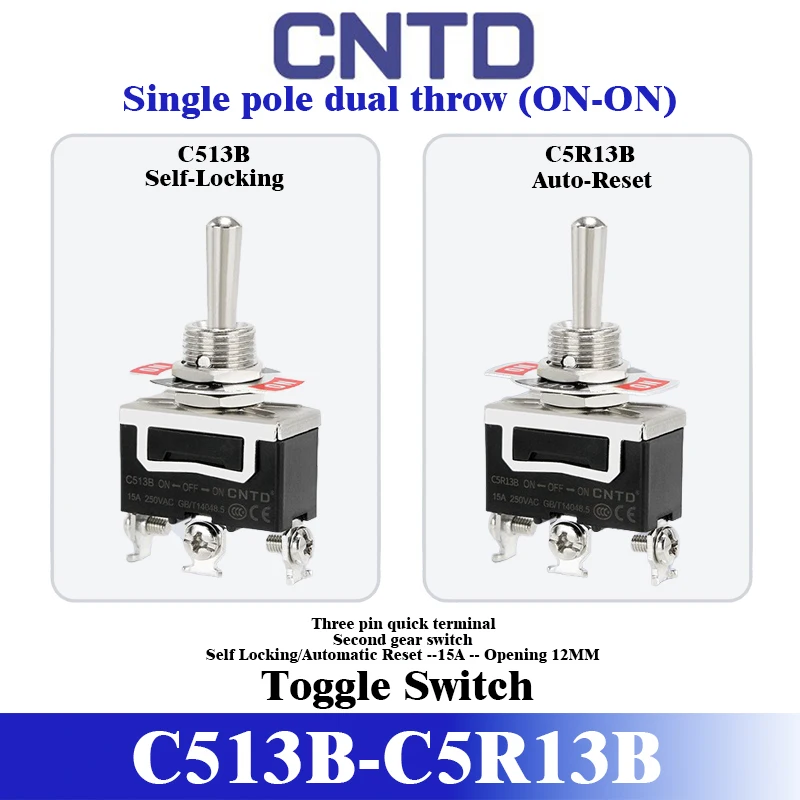 CNTD C513B C5R13B Toggle Switch SPDT ON-OFF-ON 15A 250VAC Panel Mount φ12mm Screw Terminal Type Self-locking & Auto-reset