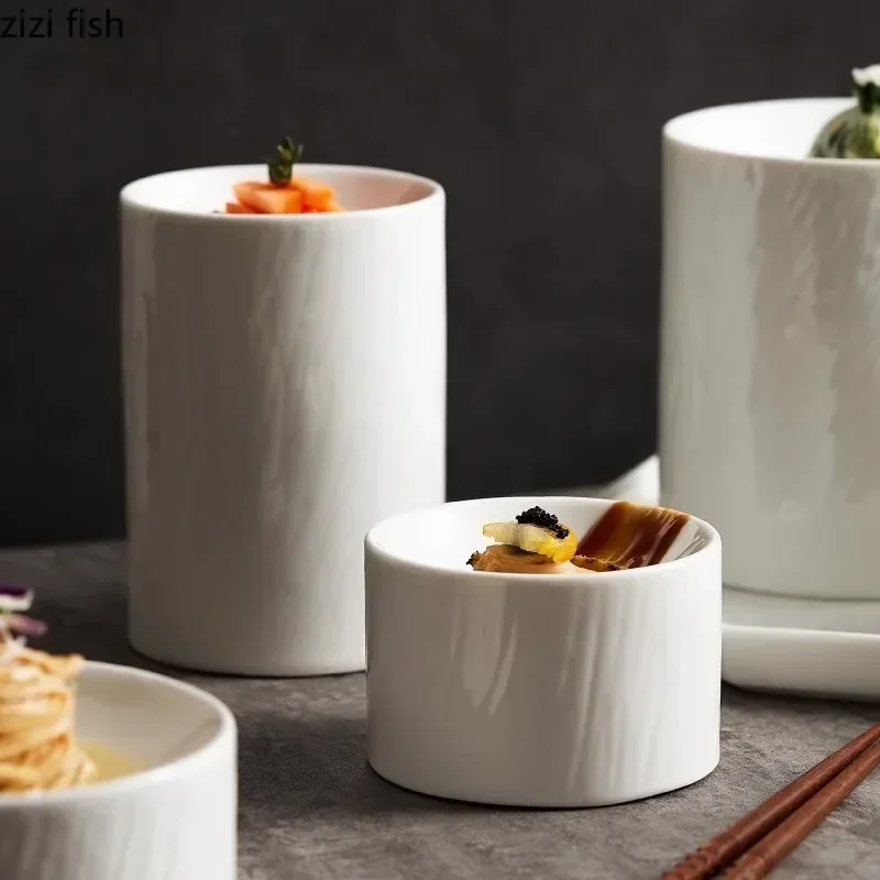 Wood Grain Cylindrical Plate Ceramic Sushi Plate Dessert Snack Plate Pasta Plates Serving Plates Molecular Cuisine Tableware