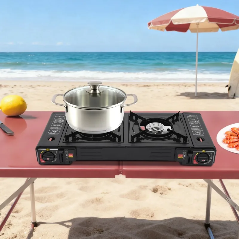 2 Burners Portable Camping Stove, 2.5KW Auto Ignition Butane/LPG Gas Stove w/Baking Tray+Carrying Case for RV Outdoor Picnic BBQ