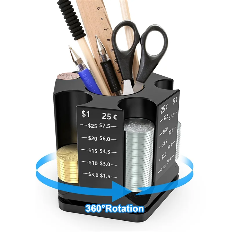 فارز العملات المعدنية، منظم مكتب 2 في 1، 360 درجة ° فارز العملات المعدنية وحامل القلم، حامل قلم عداد العملات المعدنية سهل الاستخدام