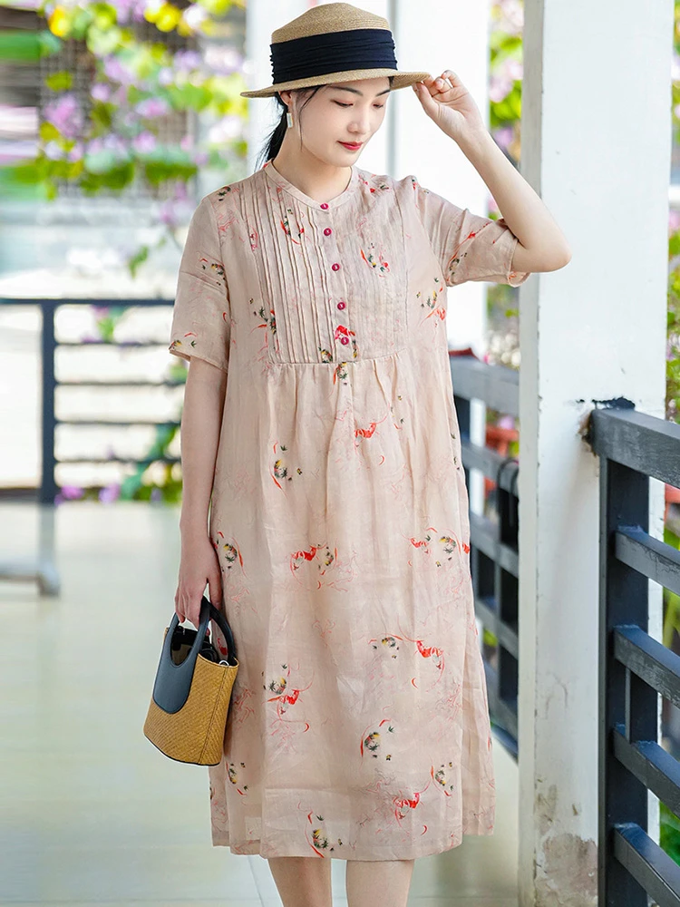 

100% Linen Women Casual A-line Dress New Arrival 2025 Summer Vintage Style O-neck Floral Print Loose Female Long Dresses T459
