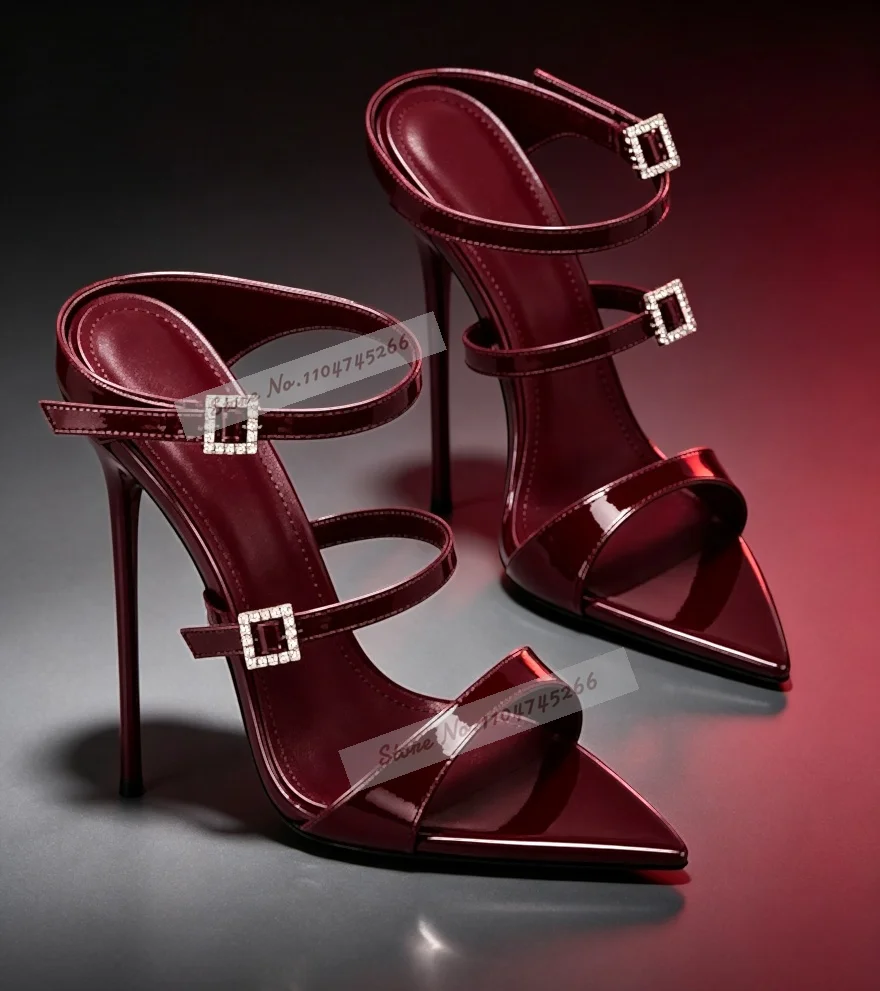 Burgundy Patent Leather Pointed Toe Stiletto Heel Mules Sandals Thin Straps Rhinestone Square Buckle Slip On Party Heel Slippers