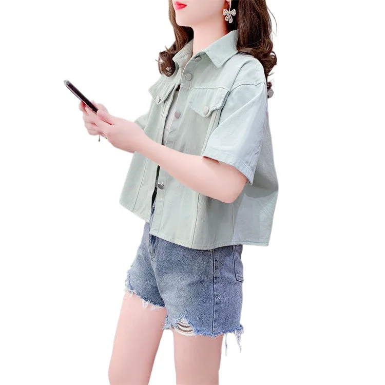 معطف الدنيم المرقعة الكتان المرأة الصيف الحياكة جوفاء خارج بالون الأكمام الحد الأدنى متجدد جيوب بحر خفيفة الوزن OL