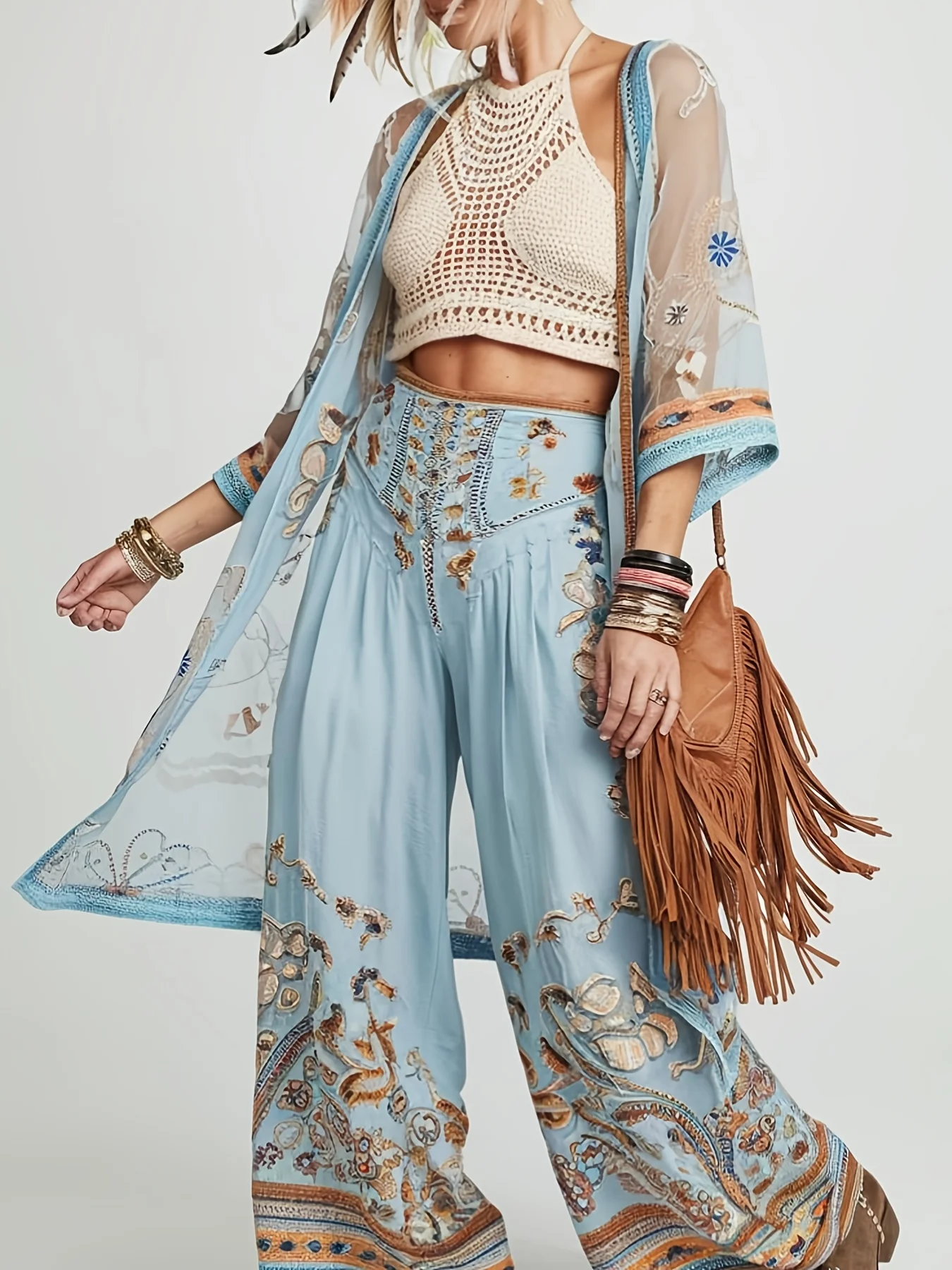 Women's Western Spring and Summer Single-Piece Casual Design Distressed Blue Slightly Sheer Long-Sleeve Shirt