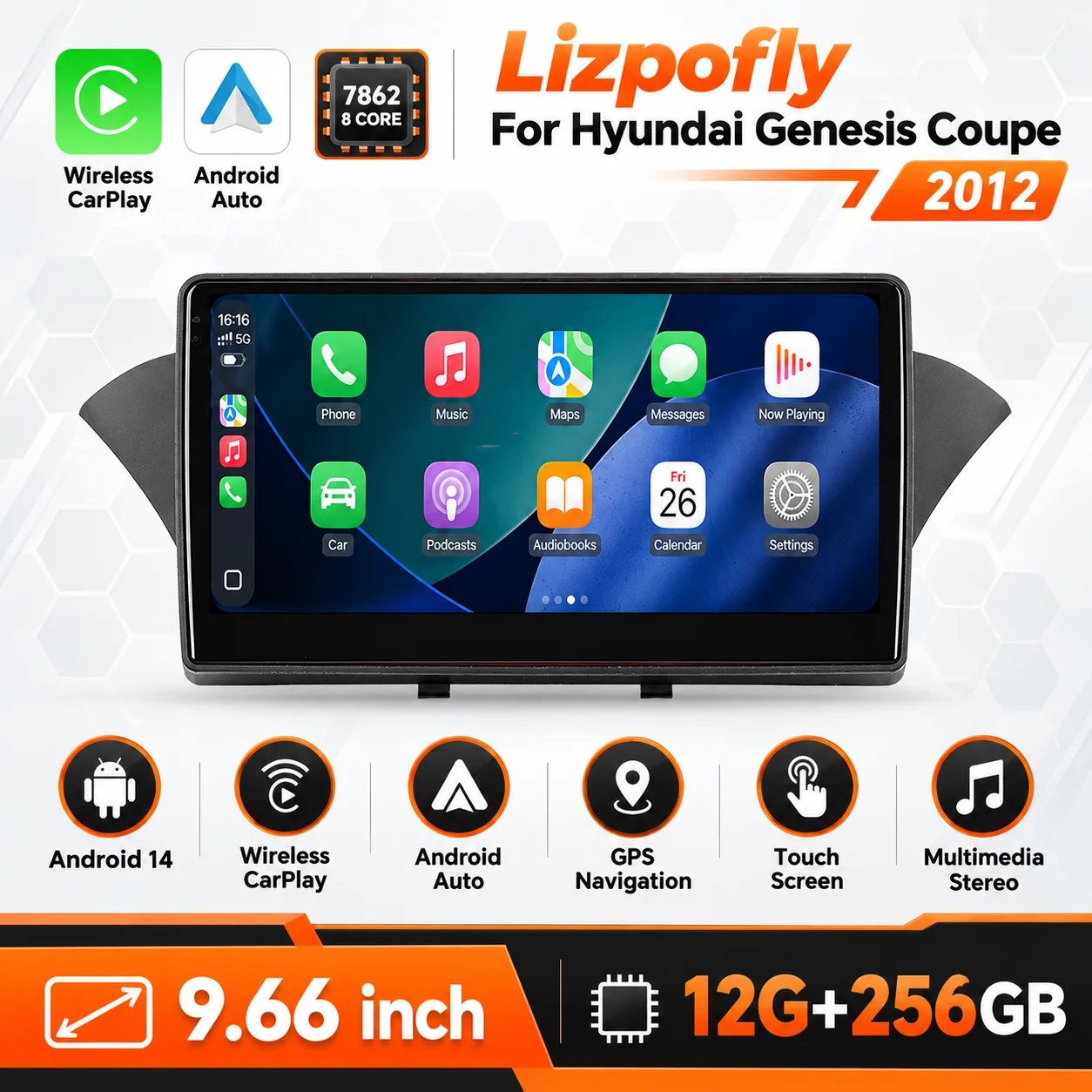 Lizpofly For Hyundai Genesis Coupe 2012 Android14 Touch Screen Wireless CarPlay Android Auto GPS Multimedia Stereo Head Unit
