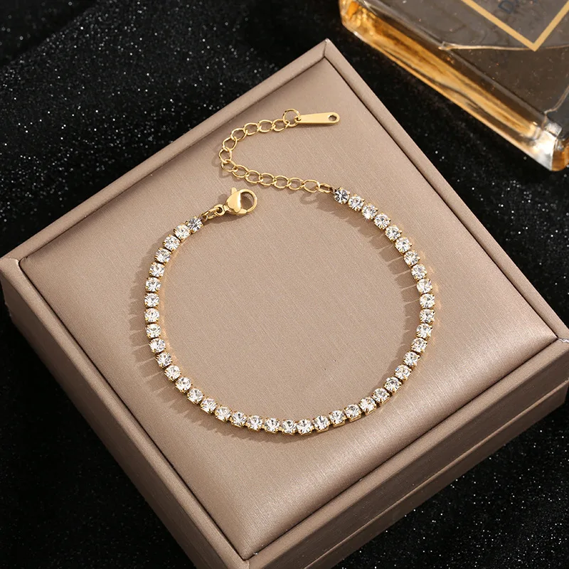 Classic Luxury Gold Color Stainless Steel Single-row Zircon Crystal Bracelet for Women High Quality Jewelry Colorfast Gift