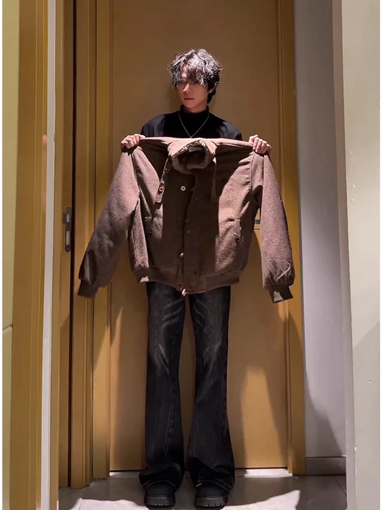 

Thiened Flannel Cotton Jaet Men's Winter Coat Lamb Fur Collar ort Sle Fce Lined Warmth Stand Fit Casual Outerwear