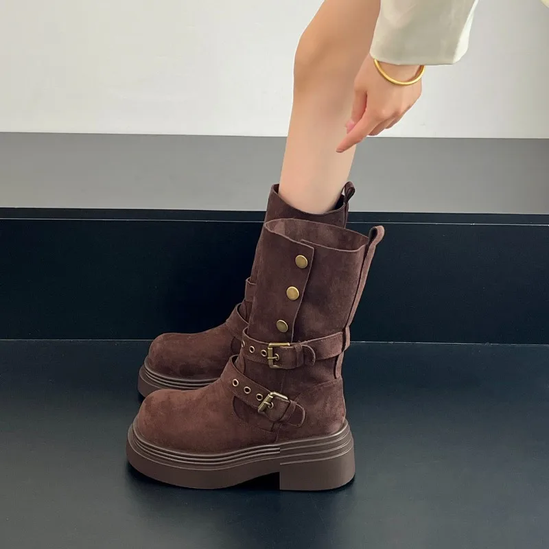 Women Maillard Mid‑Calf Boots,2026 New Faux Suede Double Buckle Chunky Platform Thick Block Heel Retro Popular Ladies Boots