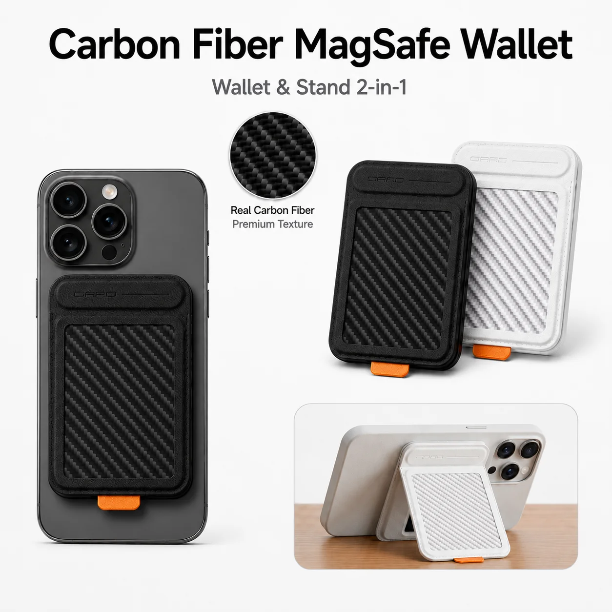 Portefeuille MagSafe en fibre de carbone véritable 2-en-1, porte-cartes magnétique, support de téléphone pliable pour iPhone 12 13 14 15 16 17 Pro Max Series