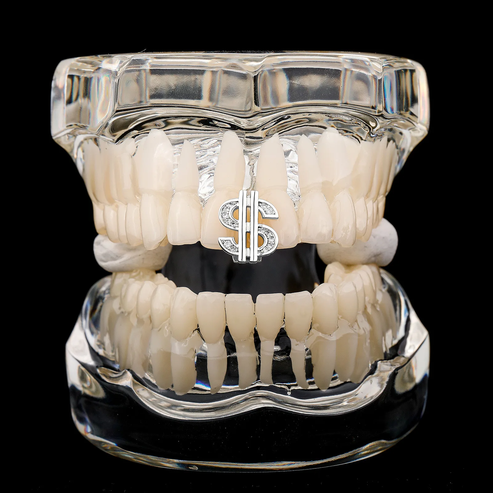 RACHELZ Hip Hop helado CZ piedra dólar dientes Grillz oro plata Color circón tapas de dientes tirantes mujeres hombres joyería Punk