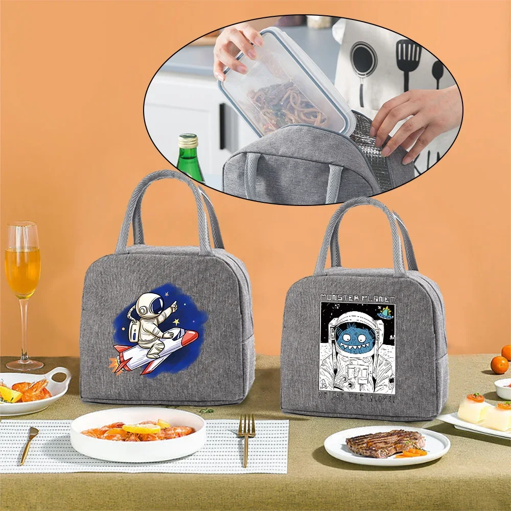 

Lunch Bag Women Lunch Cooler Handbag Kids Food Thermal Organizer Astronaut Print Picnic Portable Packet Insulated Canvas Bags