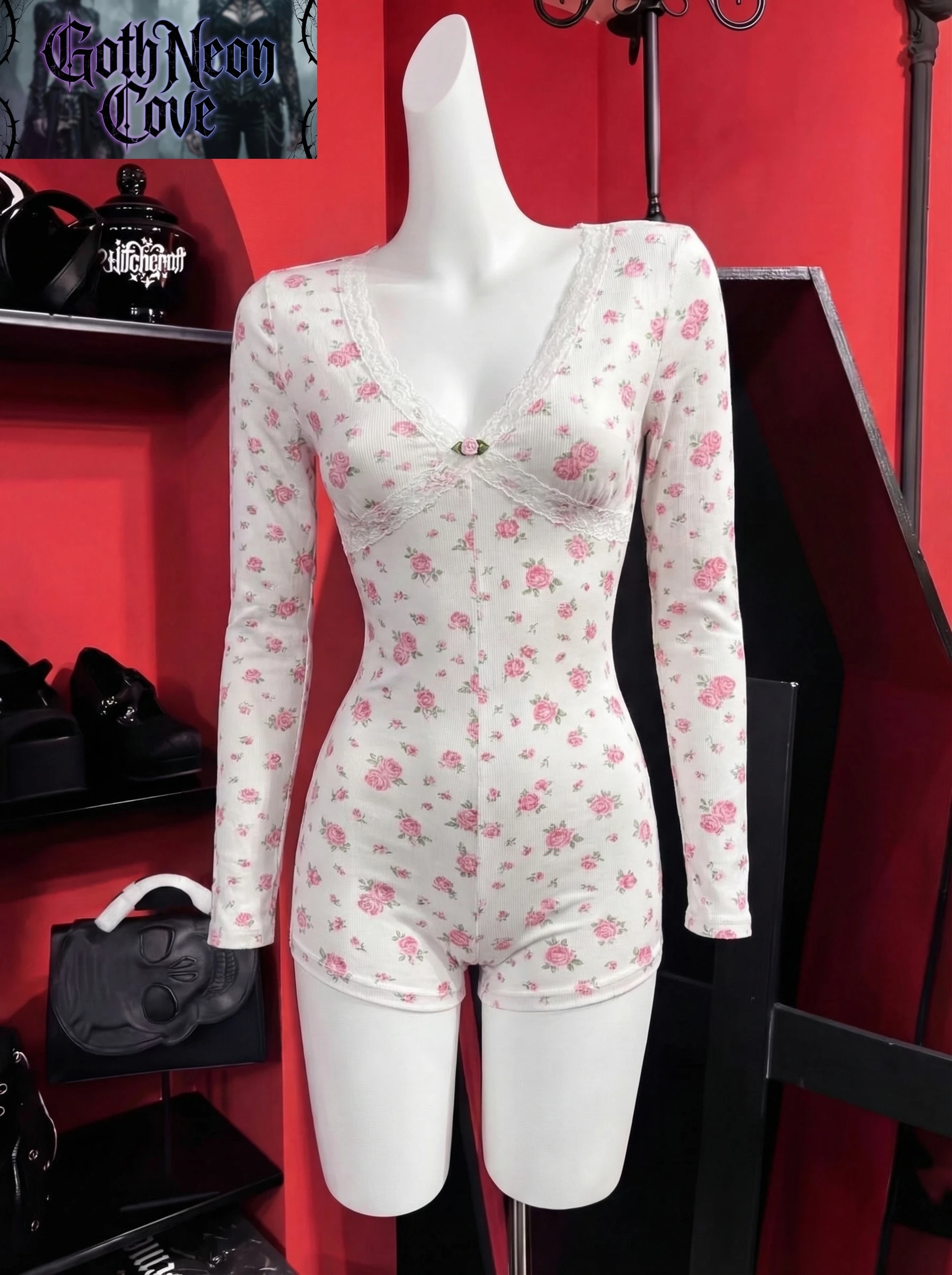 

Floral Print V-neck Lace Trim Jumpsuit Knitted Long Sleeve Cute Aesthetic Y2K Bodysuit Rompers Homewear Women Casual Nightgowns