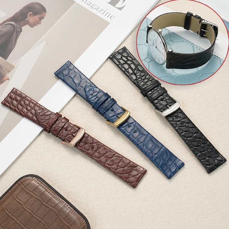 Para cualquier marca, correa de reloj de piel auténtica de cocodrilo fino para Longines L4 L2 Cartier 13 16 18 20mm, correa de reloj de negocios para hombres y mujeres