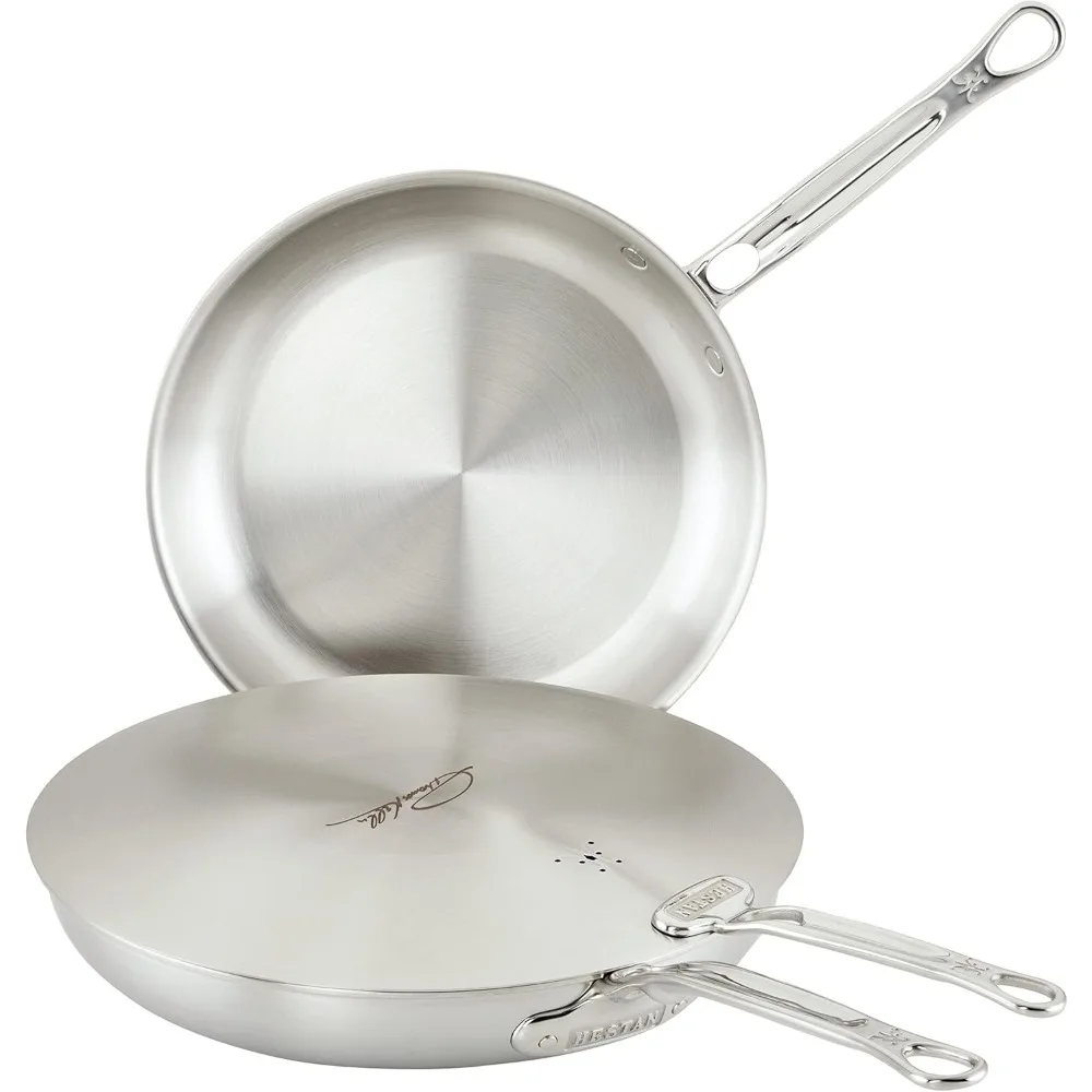 Stainless Steel Frying Pans with Universal Lid, Set of Two, 11 & 12.5-inches