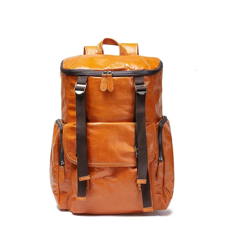 Crazy Horse Leather Men Backpack Vintage Laptop Rucksack Multi‑pocket Genuine Cowhide Daypack Commute Travel College School Bag