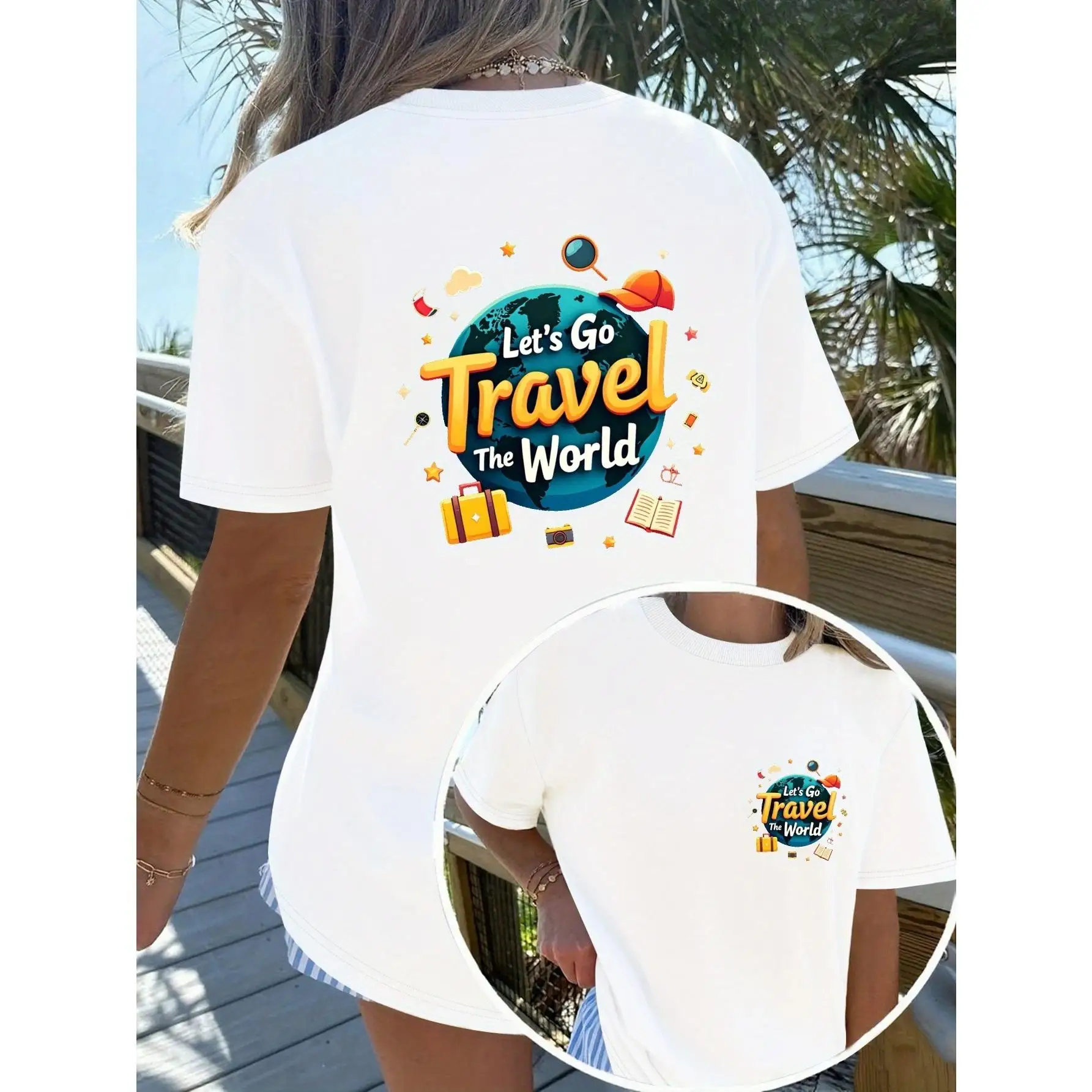 

Let's Go Travel The World T-shirt Women Funny Graphic Tee Travel Lover Gift Casual Vacation Tops