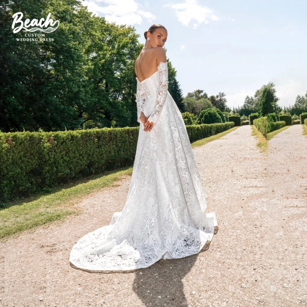 Strand op maat gemaakte off-shoulder lange mouw kant een lijn lieverd trouwjurk open rug bruidsjurk elegante vestidos de novia