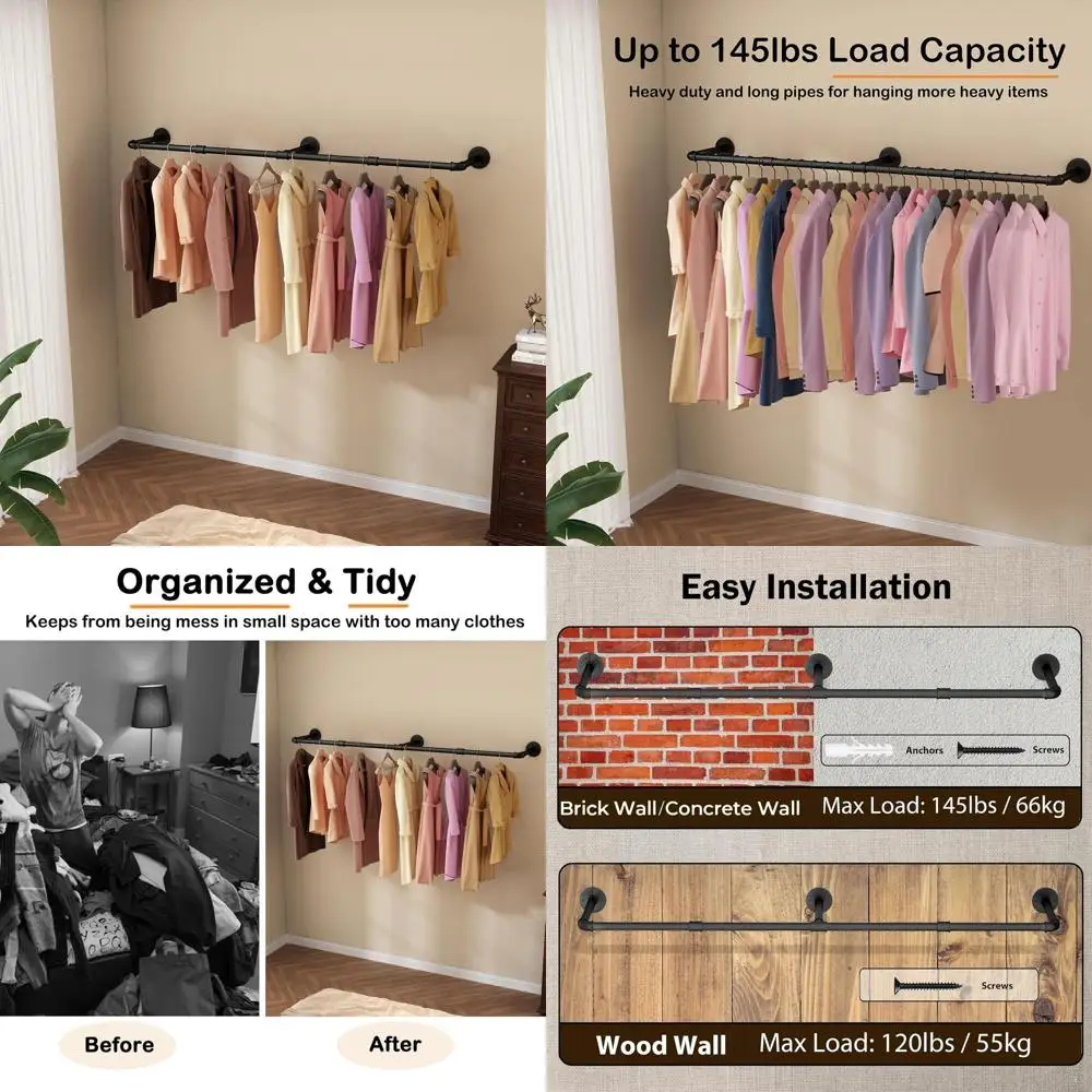 

60 Heavy-Duty Detachable Iron Wall-Mounted Clothes Rack, Space-Saving for Bedroom or Laundry, 2-Pack