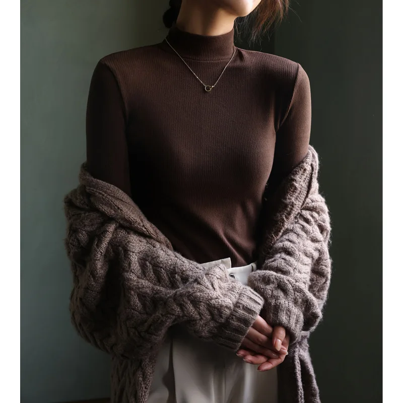 

DeRong, осенне-зимний женский топ с получерепаховым воротником и тонким низом с длинными рукавами, топ со средним воротником