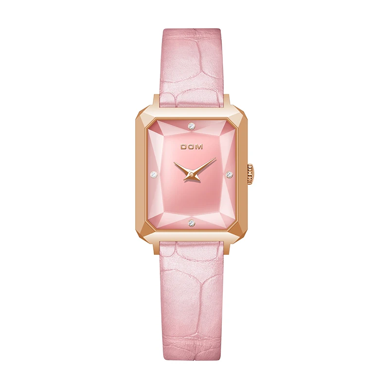 DOM 1370 Women's Square Quartz Watch Pink Fashion Elegant Simple Diamond Pointer Stainless Wristwatches for Ladies Watches
