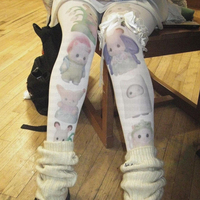 Kawaii Cute Cartoon Printed Punk Women's Elastic White Printed Tights Harajuku Emo Pattern Gothic Y2k  Punk Girls Retro 2000s
