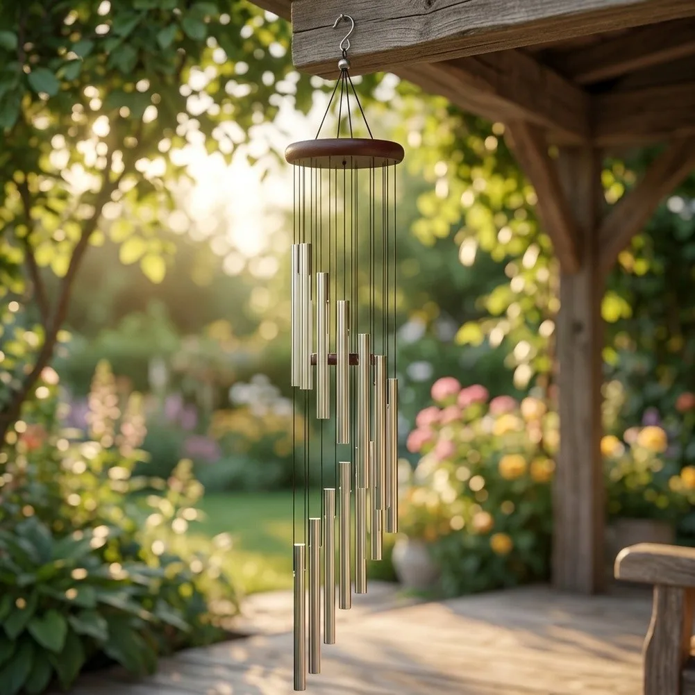 Musical Wind Chime Featuring 12 Tuned Aluminum Tubes and Pine Wood Frame for Soothing Ambient Sound Indoors and Outdoors