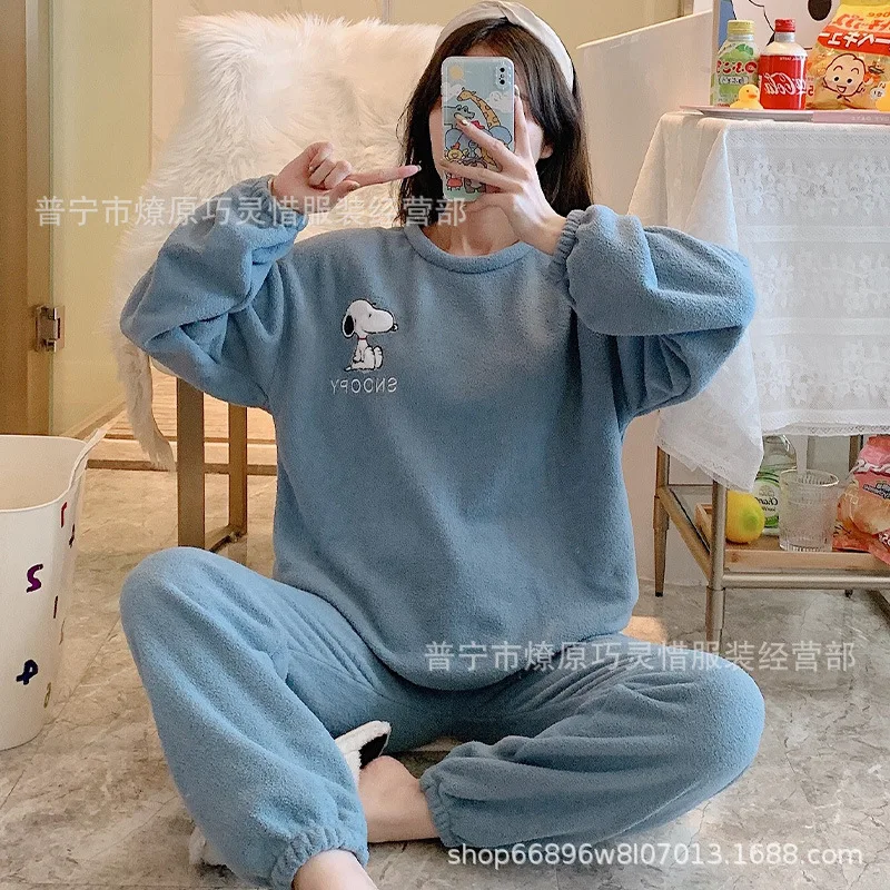 Cartoon Hello Kitty Cinnamoroll My Melody Kuromi Autumn and Winter Velvet Thickened Pajama Set Kawaii Warm Flannel Home Clothes