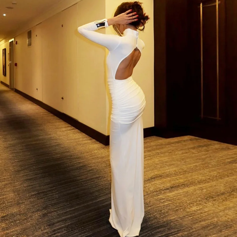 Bangniweigou Lange Mouw Slanke Geplooide Taille Terug Uitsparing Lange Jurk Vrouwen Herfst Winter Party Elegant Gewaad Wit Zwart