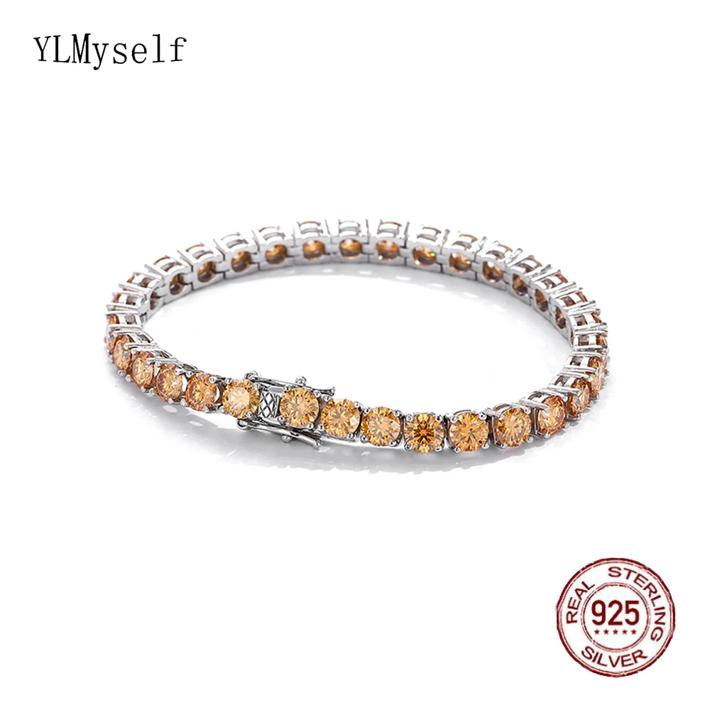 

Solid 925 Silver Tennis Bracelet Pave real 3mm/4mm Champagne Moissanite Diamond HipHop Rock Chain Fine Jewelry For Men/Women