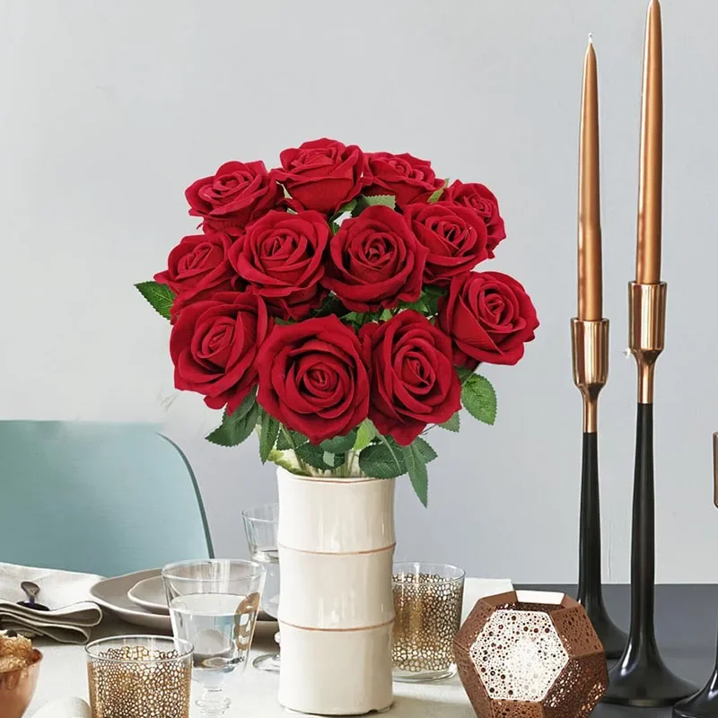 30 Pcs Velvet Rose Artificial Flowers with Long Stems Real Touch Fake Silk Roses Florals for Wedding Bouquet Party Home Decor