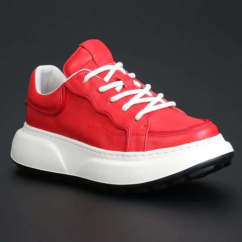 

New Design Men Casual Shoes Genuine Leather Thick Sole Skateboarding Shoes Low Top Breathable Lace Up Trend Sports Sneakers