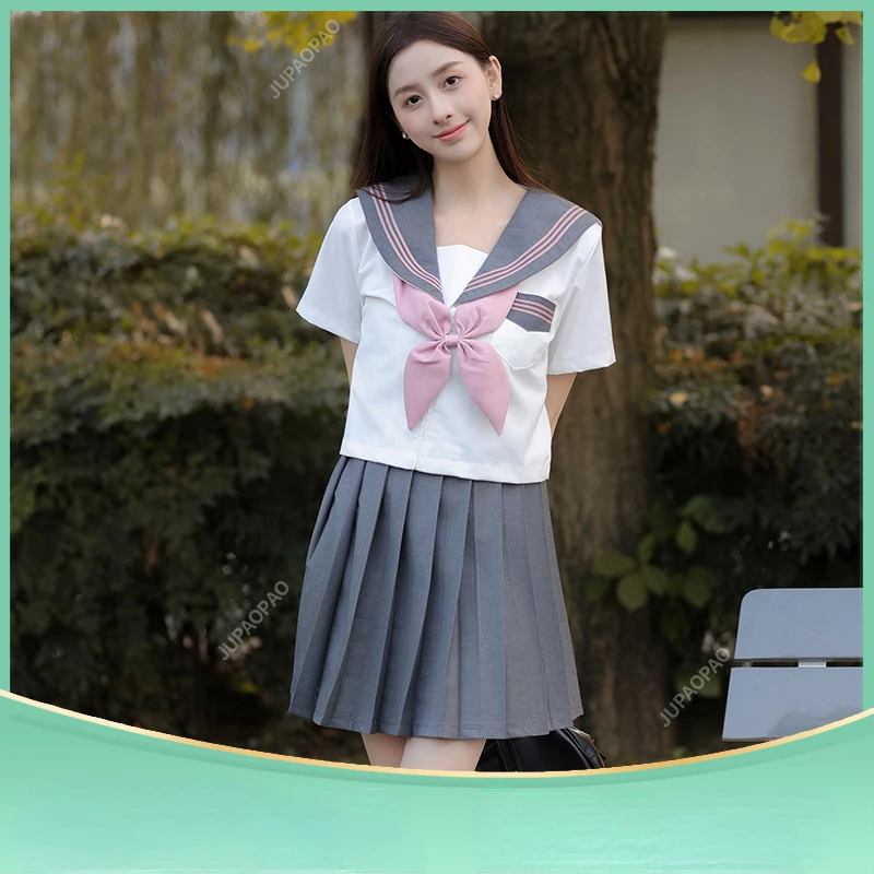 Basic JK Grey Collar pink Lines School Uniform Girl Sailor Suits Pleated Skirt Japanese Style Clothes Anime COS Costumes Women-B