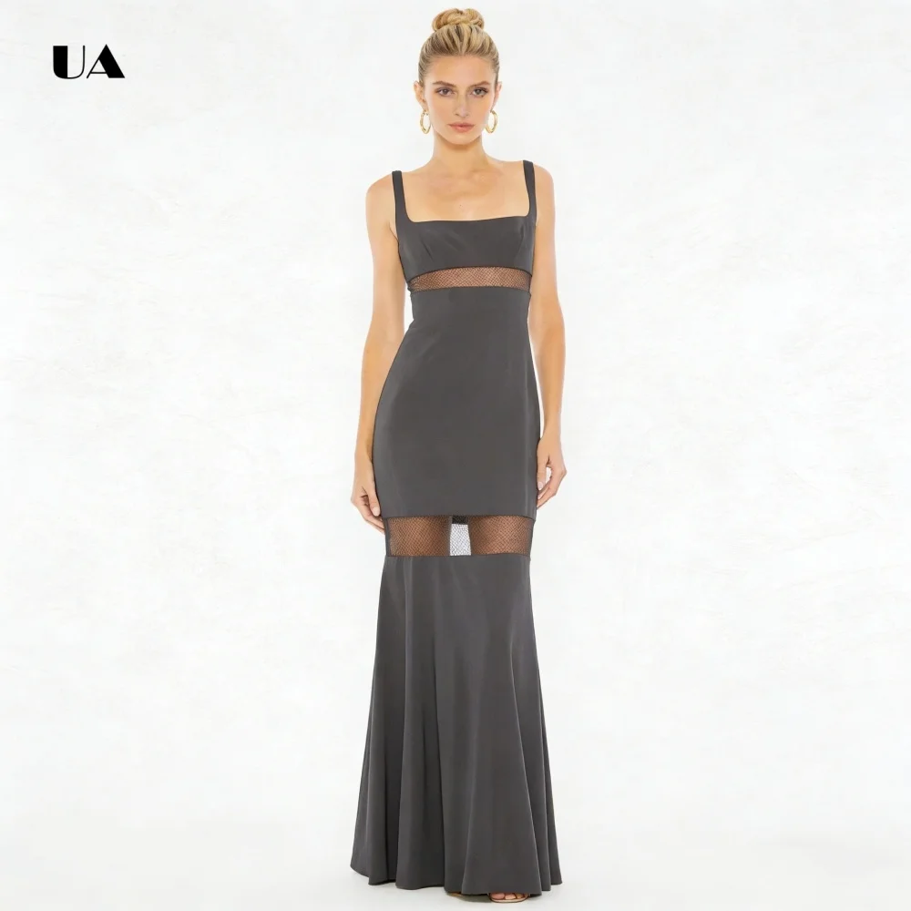 ชุดราตรีทรงคอลัมน์ ULBYANRY คอเหลี่ยม แขนกุด ผ้าเนื้อเรียบ แต่งด้วยผ้าตาข่าย ชุดราตรีงานเลี้ยงแบบโปร่งบางสั่งตัดได้