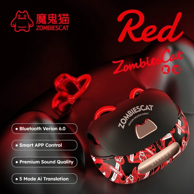 Zombies Cat B23 Graffiti-Design Bluetooth 6.0 OWS Ohrclip-Ohrhörer KI-Übersetzungs-Kopfhörer TWS Kabellose Ohrhörer mit Smart-App