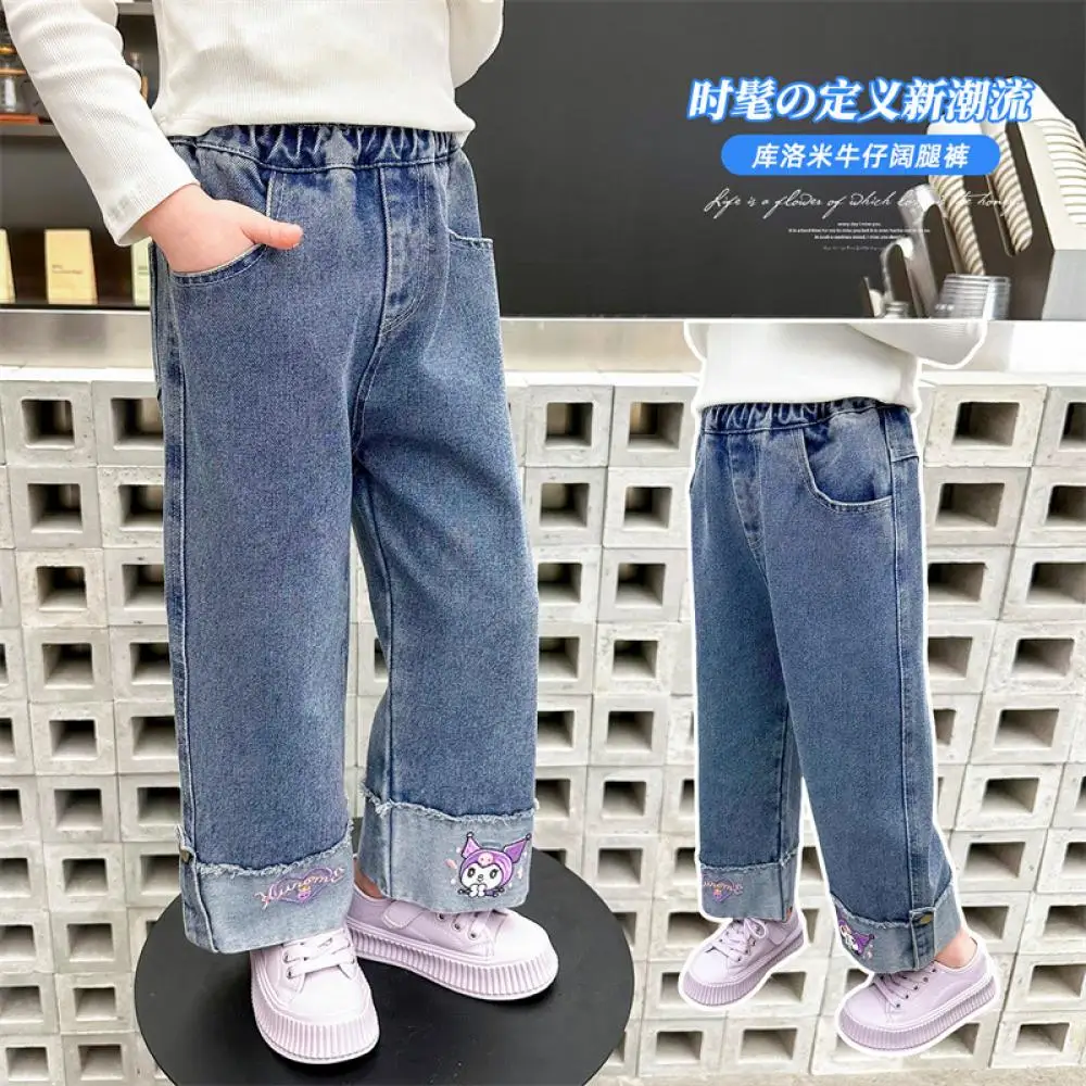 Anime Cartoon Sanrio Kuromi Girls Jeans Fashion Casual Pure Cotton Trousers Versatile Wide Leg Pants Spring Fall Children Pants