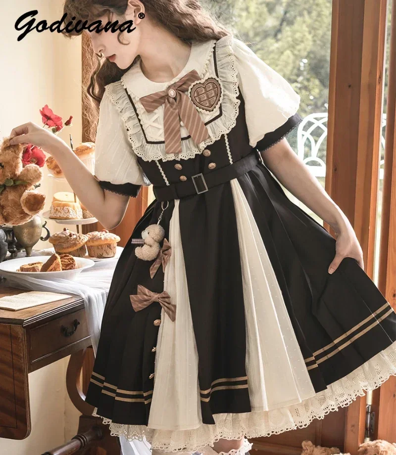 

Op Elegant Lolita Short Sleeve Dress Spring/Summer Women's Sweet Bowknot Slim Patchwork Knee-length Dresses