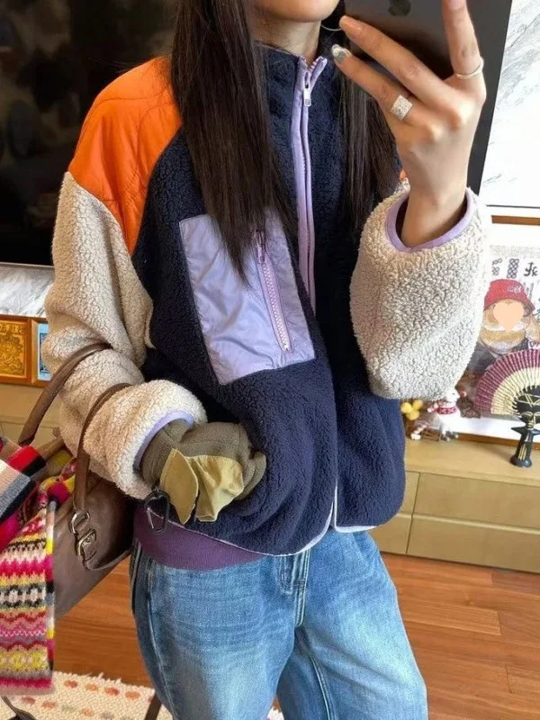 Primavera naranja d Color Blo versátil Casual con capucha cordero terciopelo Fce forrado japonés Sle mujer ort abrigo Jaet