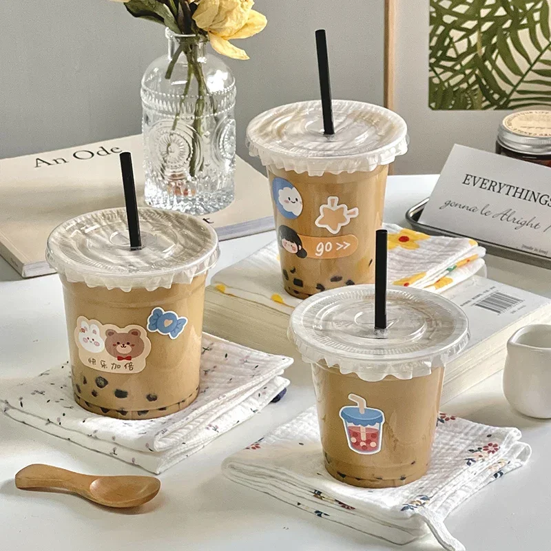 50 Sets of Coffee Milk Tea Leak Proof Cups Disposable Thickened Household Plastic Beverage PET Cold Drink Packaging Cup with Lid