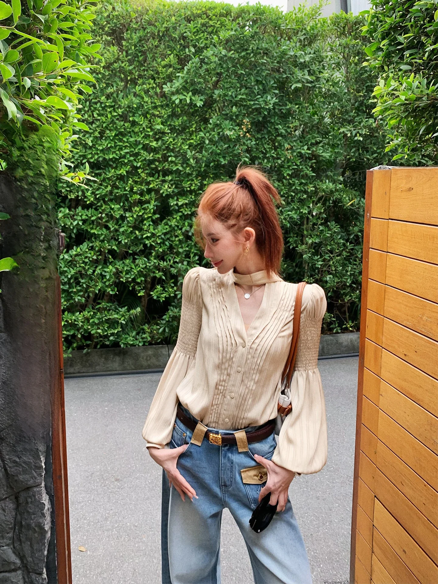 

Gold Embellished Shirt Fashionable V-neck High-end Feeling Early Spring Top for Women Breathable Polyester Long Sleeve