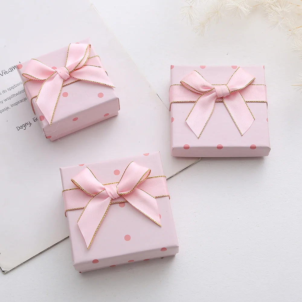 الوردي البولكا نقطة القوس صندوق مجوهرات الحلو هدية مربع قلادة أقراط سوار علبة التعبئة والتغليف صندوق مجوهرات متعدد الوظائف